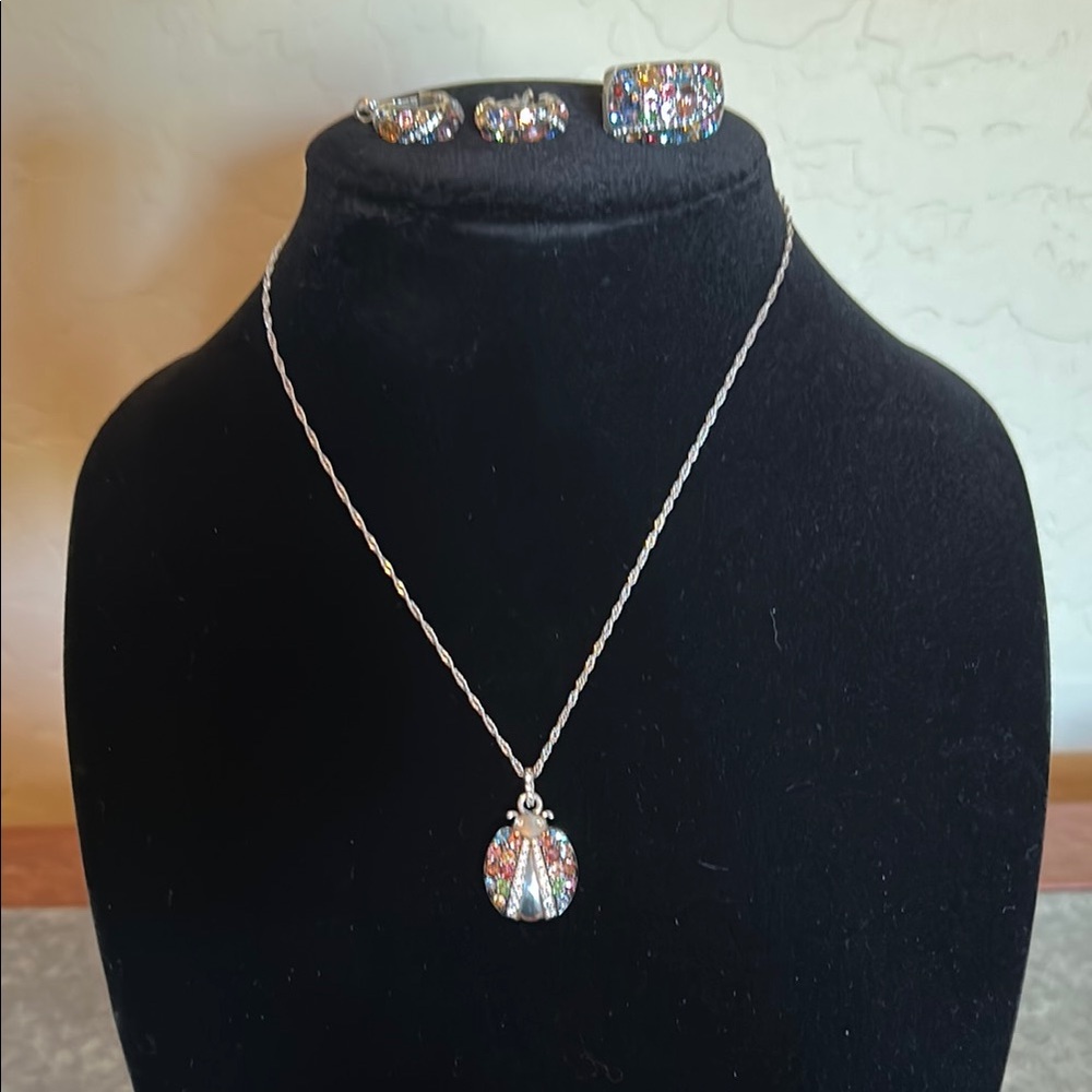 Brighton double sided ladybug necklace ring and earrings